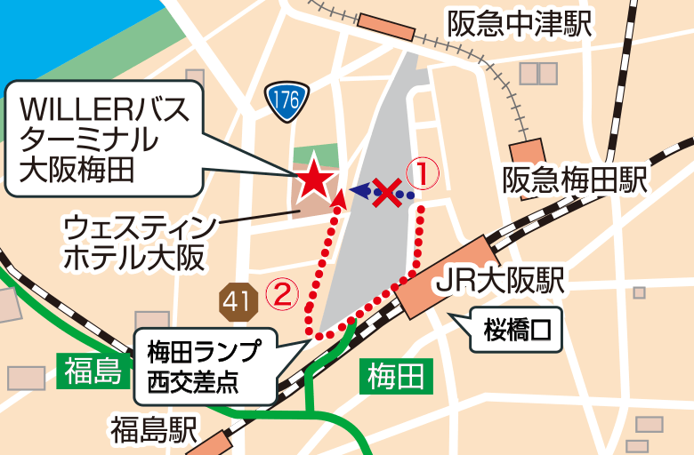 JR大阪駅方面からの徒歩ルート