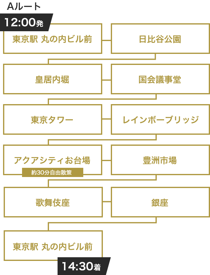 12時00分発14時30分着 東京タワー・お台場・銀座Aルート