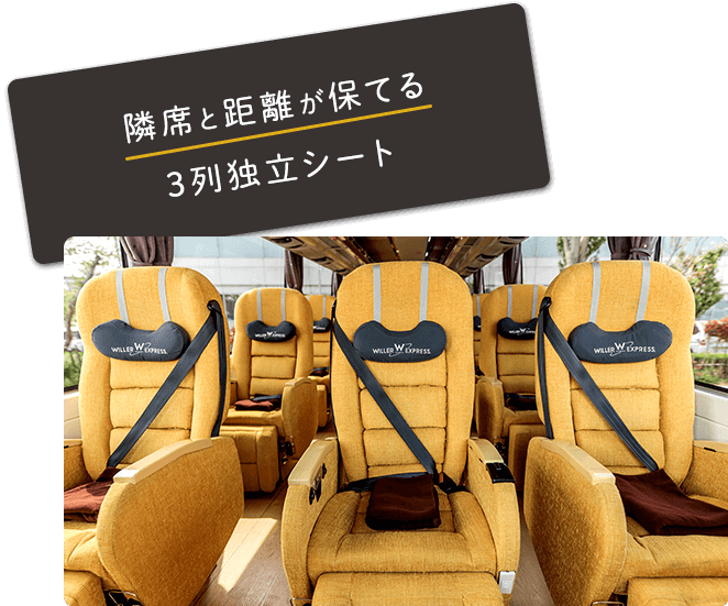 臨席との距離が保てる3列独立シート