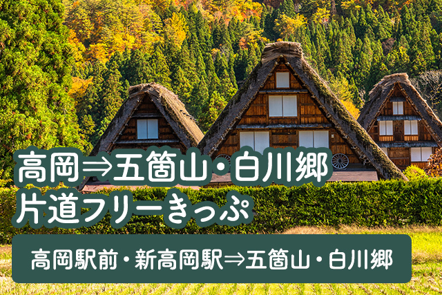 高岡⇒五箇山・白川郷 片道フリーきっぷ　高岡駅前・新高岡駅⇒五箇山・白川郷