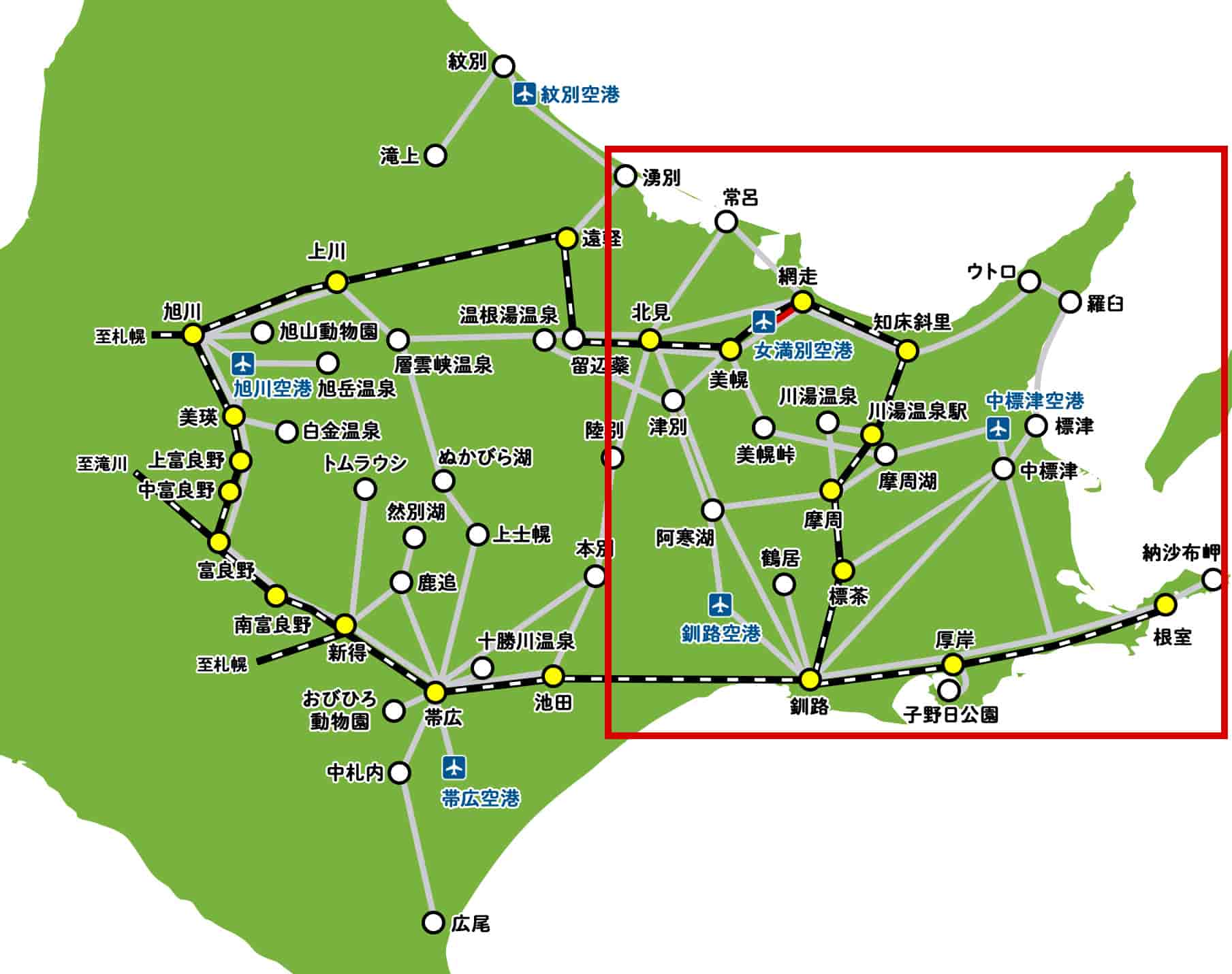 網走行きのバス路線マップ