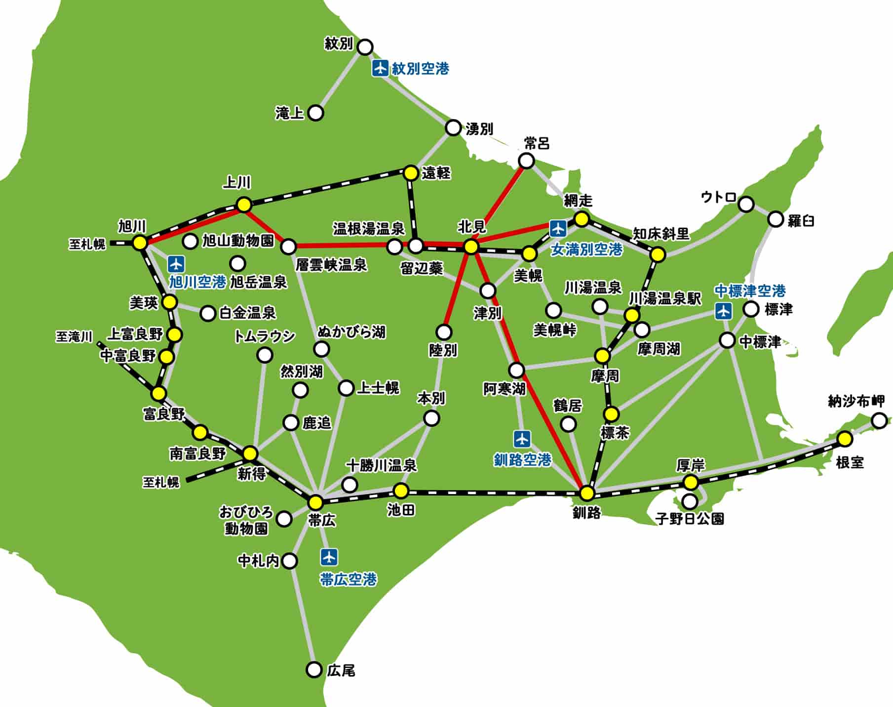 北見行きのバス路線マップ