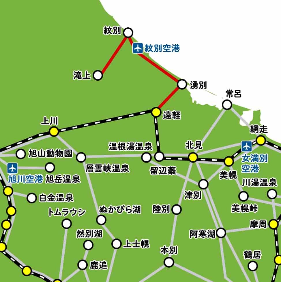 紋別行きのバス路線マップ