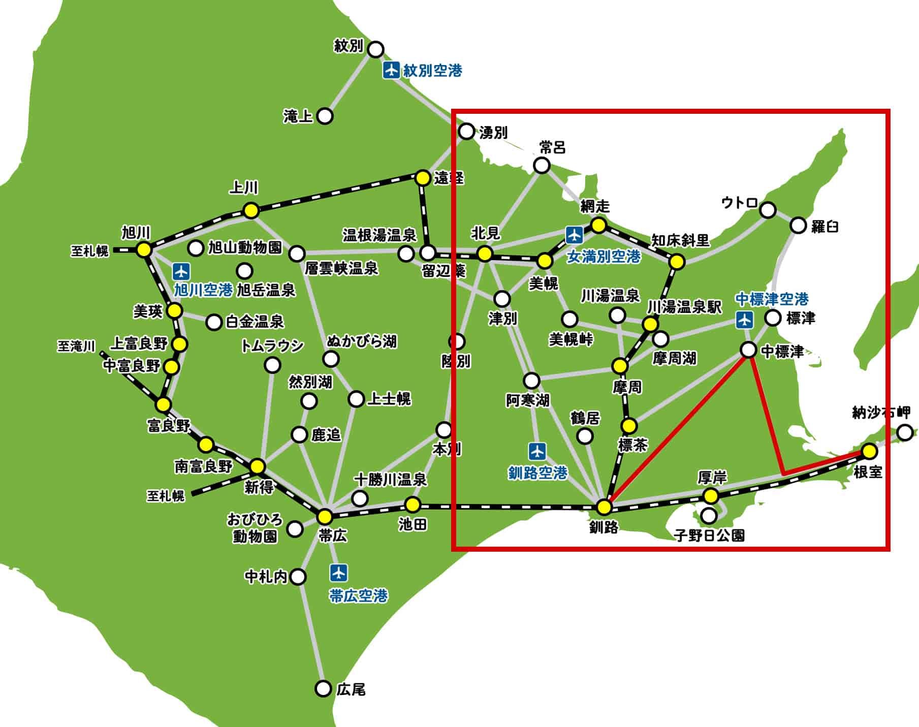 中標津行きのバス路線マップ