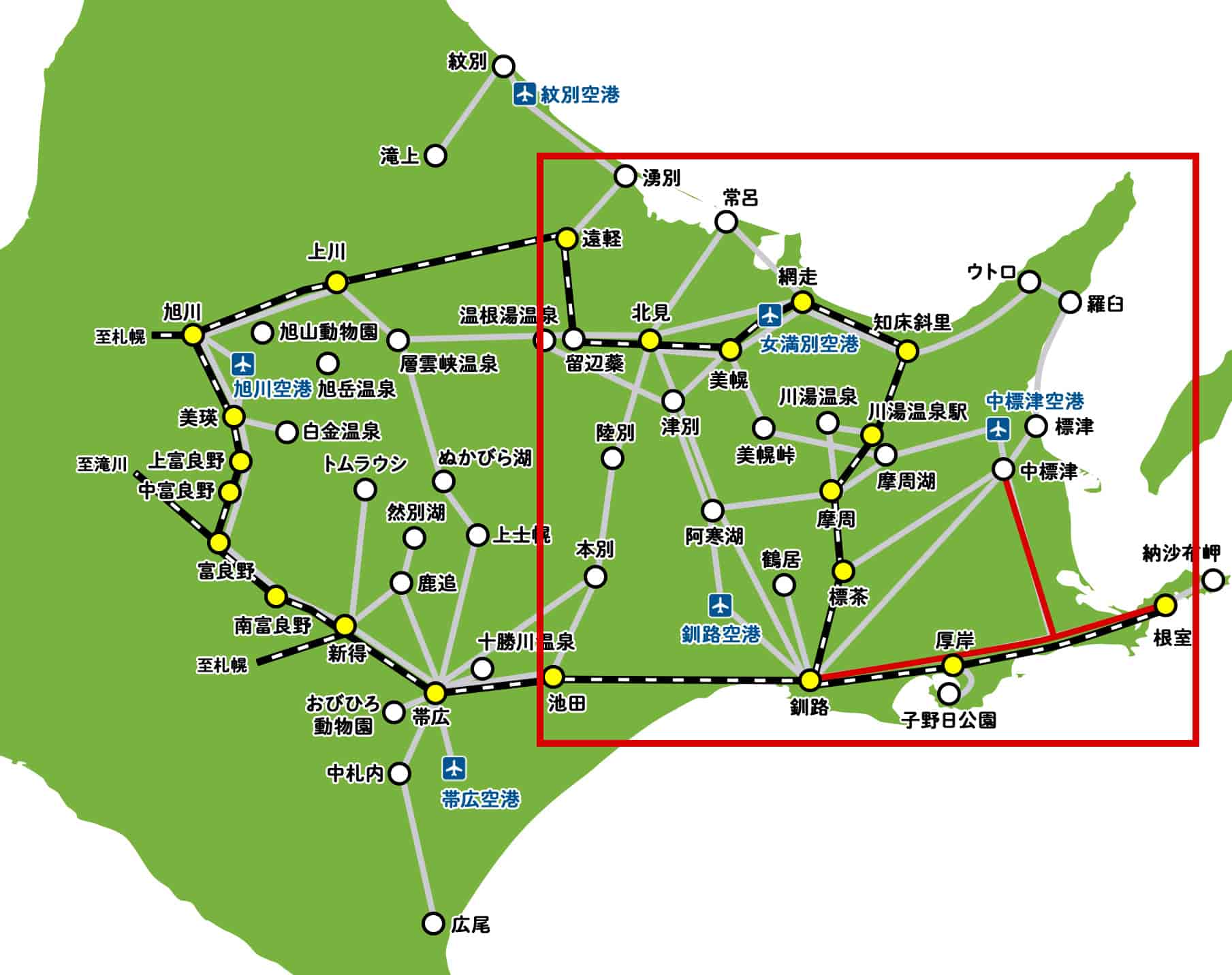 根室行きのバス路線マップ
