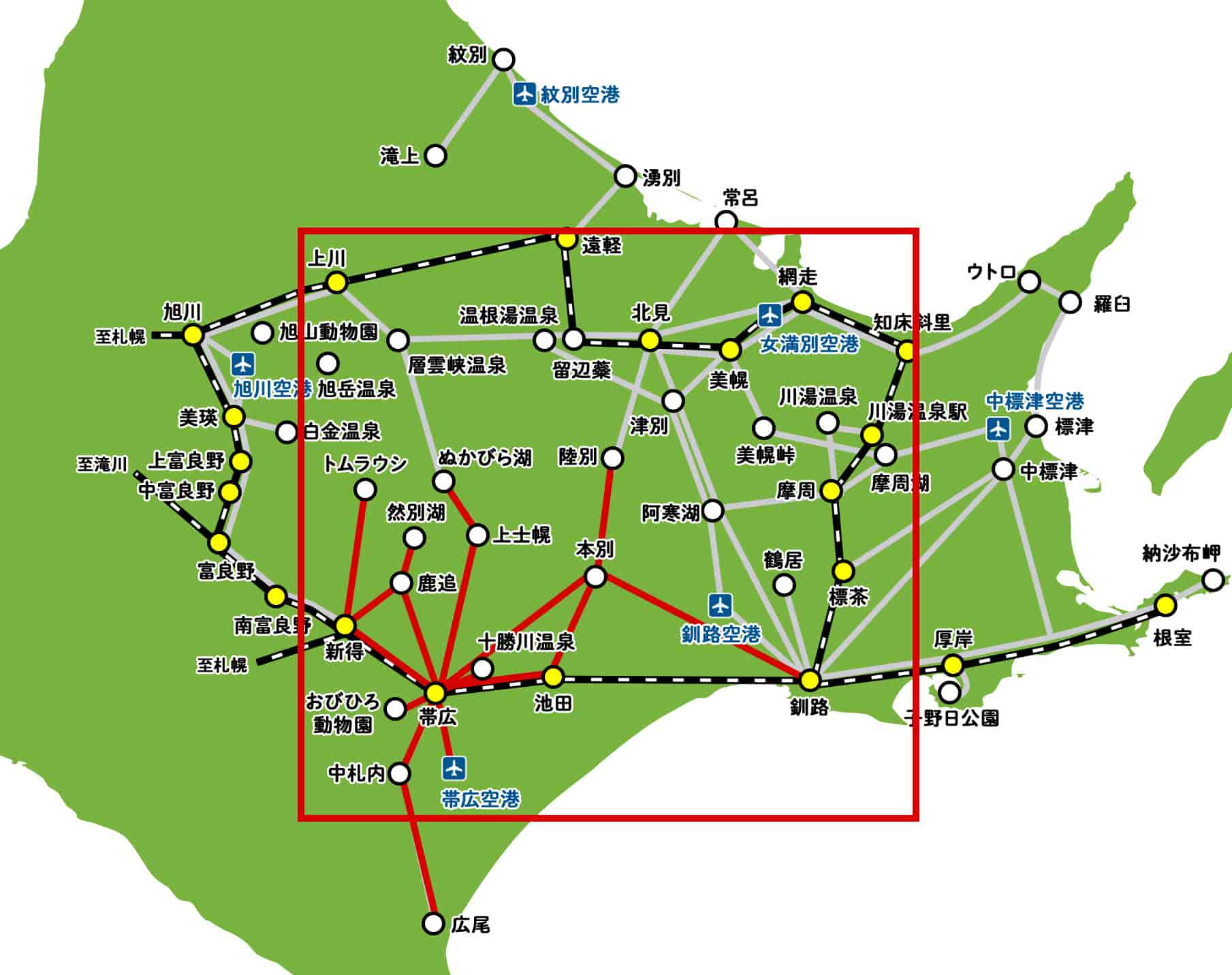 帯広行きのバス路線マップ