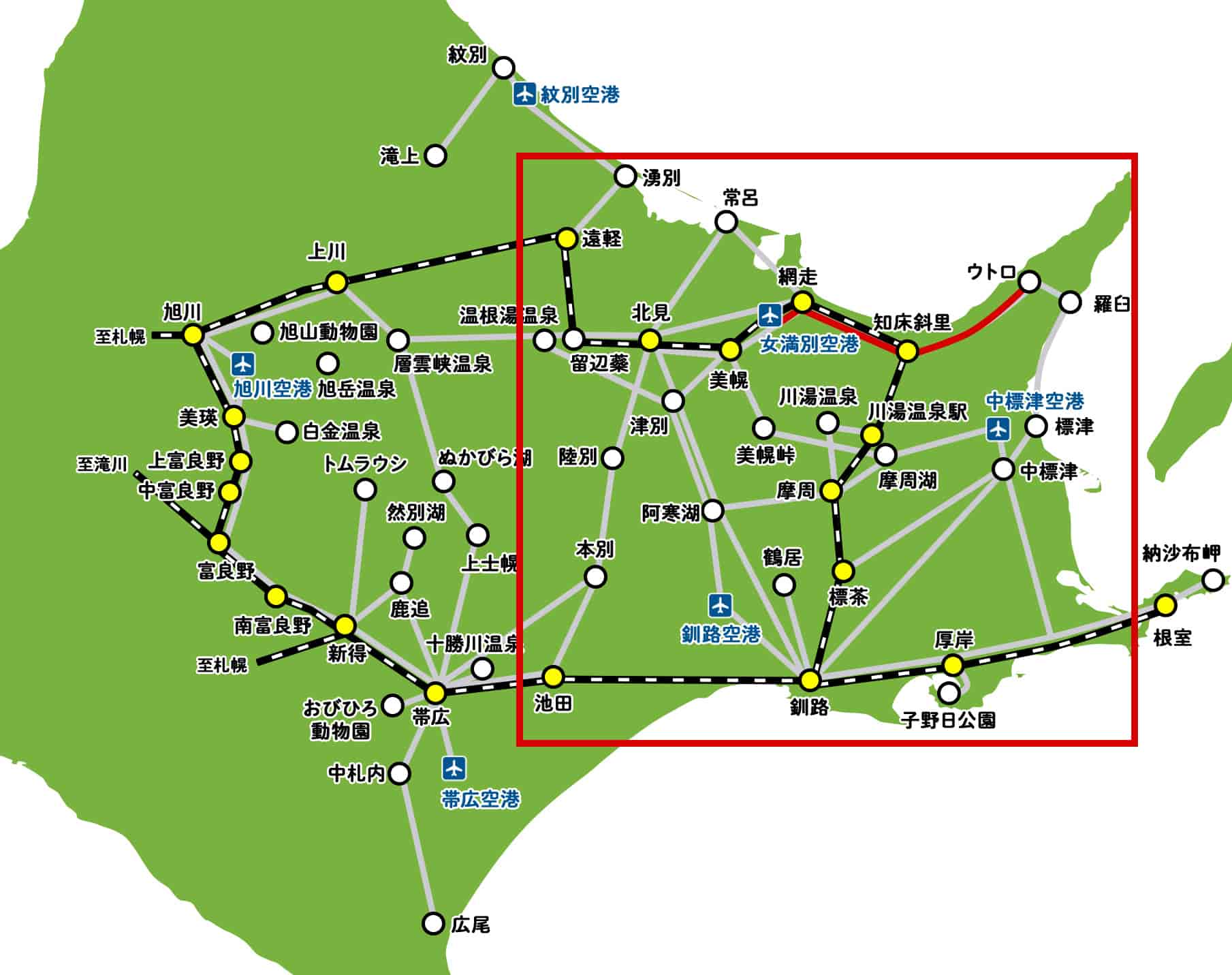 ウトロ行きのバス路線マップ